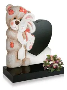 Hand painted pink Teddy and Rabbit heart memorial, shown in black granite.